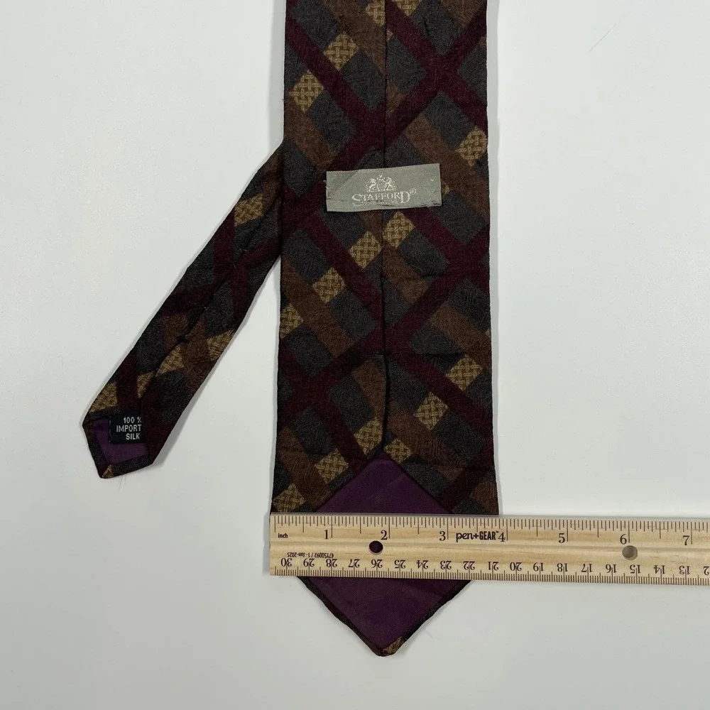 Stafford Burgundy Brown Plaid Silk Necktie Mens OS
